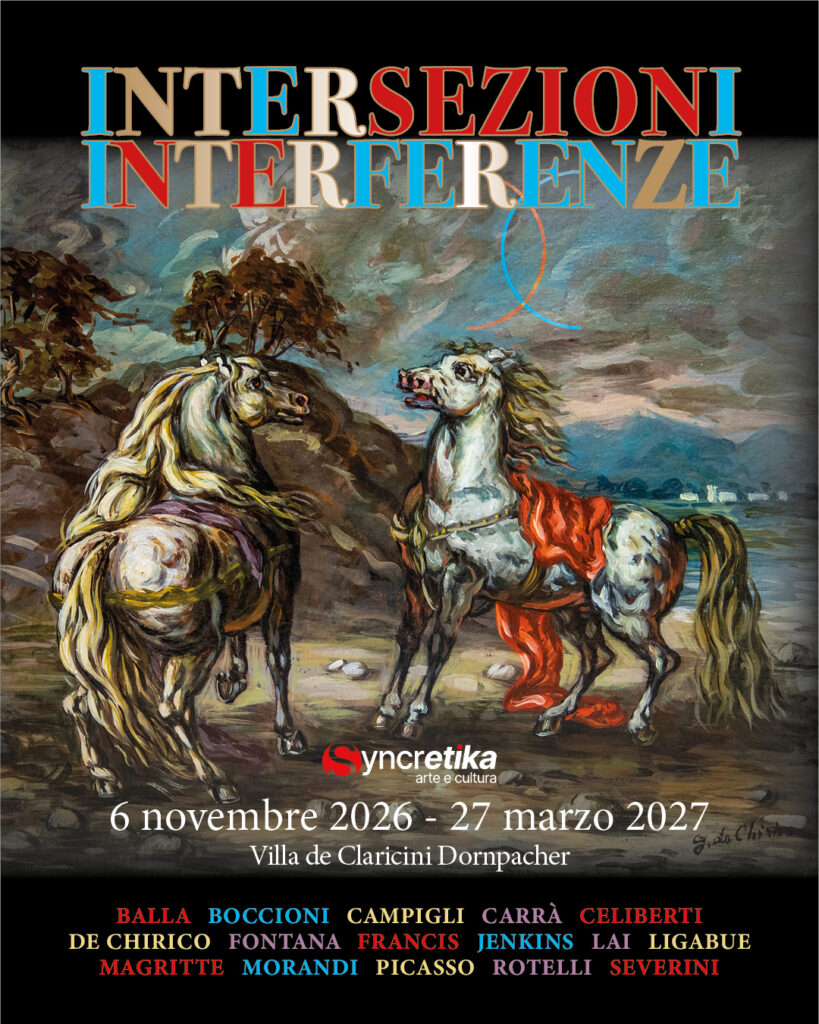 Visual della mostra Intersezioni e Interferenze con due cavalli, titolo e logo di Fondazione Syncretika